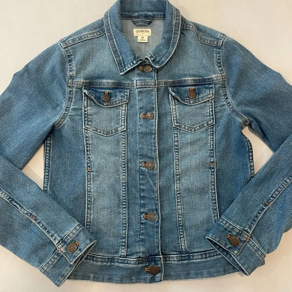 ~ Crewcuts 12 Kid's Jean Jacket Unisex Blue Buttons Girls Boys Stretch Denim
